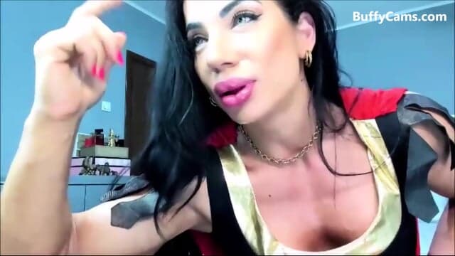 Muscular female bodybuilder flexing
