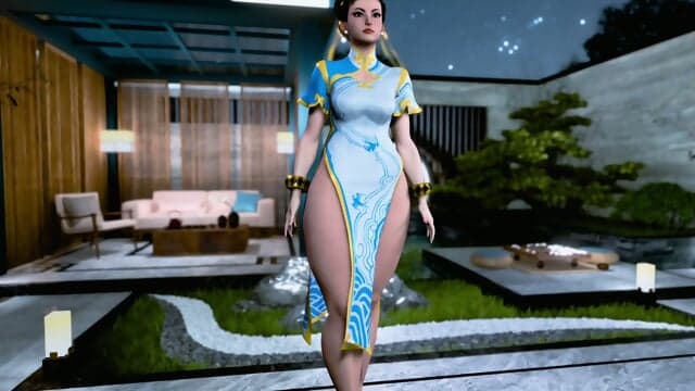 Thick enticing Chun Li poses solo in a revealing dress without panties