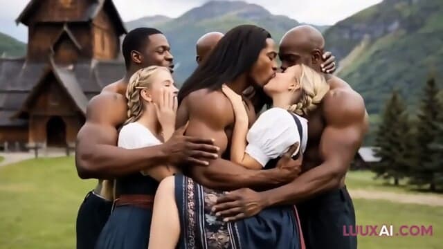 Stunning Virtual Blonde Lover in Group Scene with Well-Endowed Men